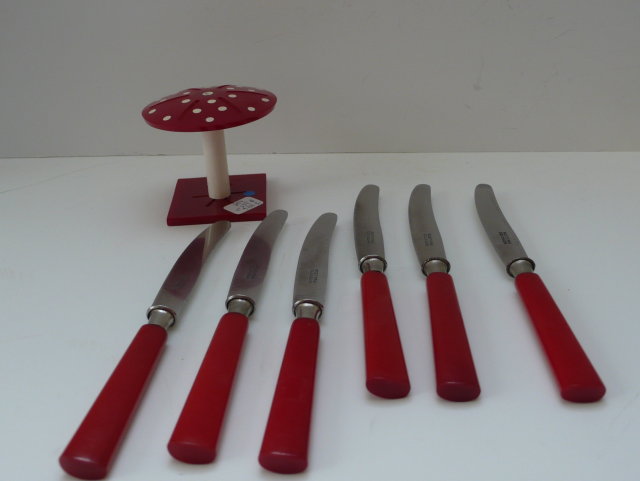 Bakelite Vintage Red Fruit Knives/Stand