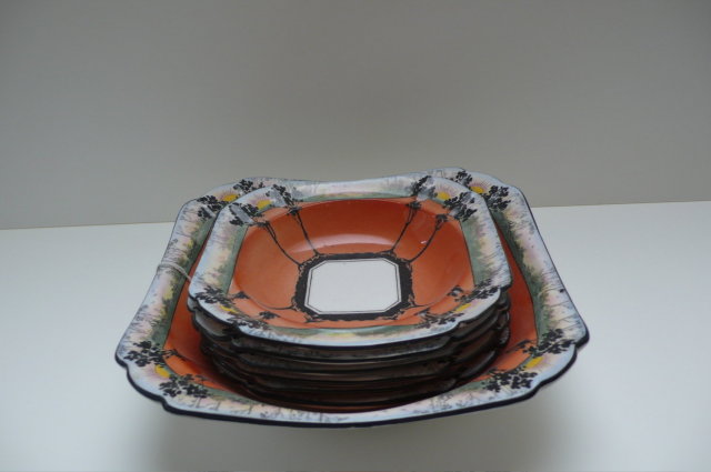 Shelley Orange Sunset & Trees Bowl & 6 small