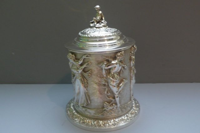 Victorian Silver Plate Round Figural Biscuit Box