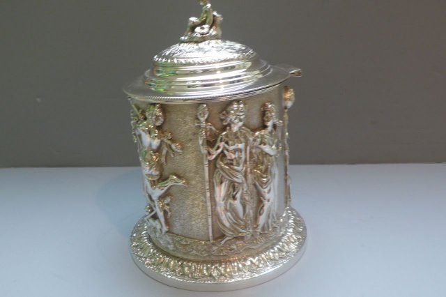 Victorian Silver Plate Round Figural Biscuit Box