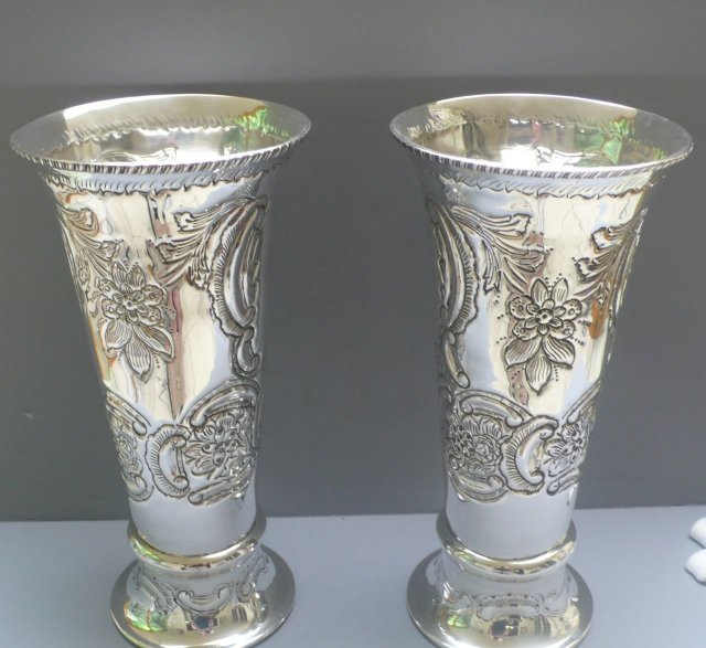 English Silver Plate Large Chased Vases