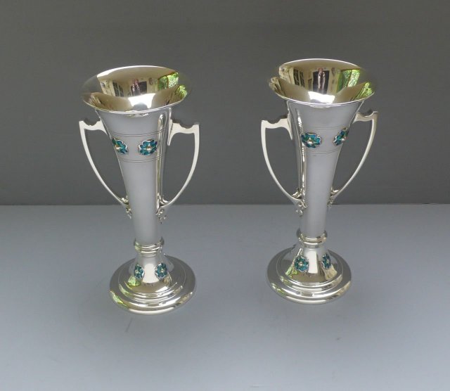English Sterling Silver / Enamel Vases