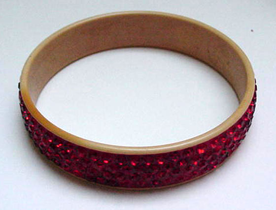 Celluloid Vintage Bangle with Red Rhinestones