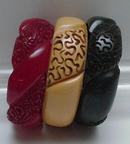 Bakelite Three Vintage Carved Bangles:Green-Red-Butterscotch