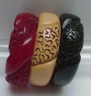 Bakelite Three Vintage Carved Bangles:Green-Red-Butterscotch