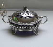 Victorian Silver Plate Round Butter Dish/blue liner