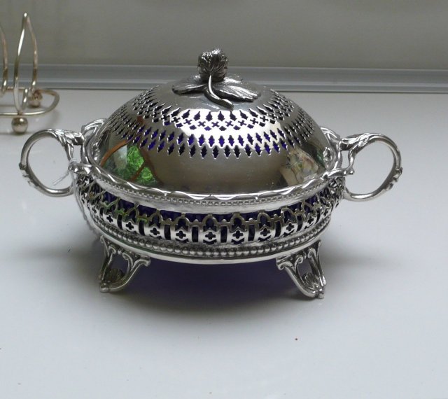 Victorian Silver Plate Round Butter Dish/blue liner