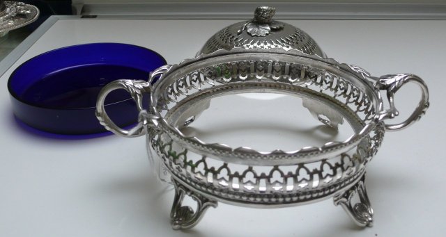 Victorian Silver Plate Round Butter Dish/blue liner