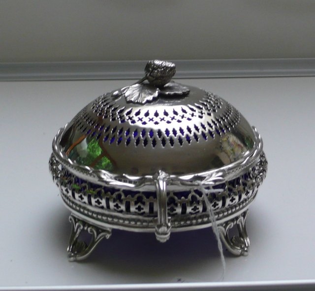 Victorian Silver Plate Round Butter Dish/blue liner