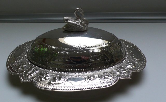 Victorian Silver Plate Oval Covered Dish/Swan Handle