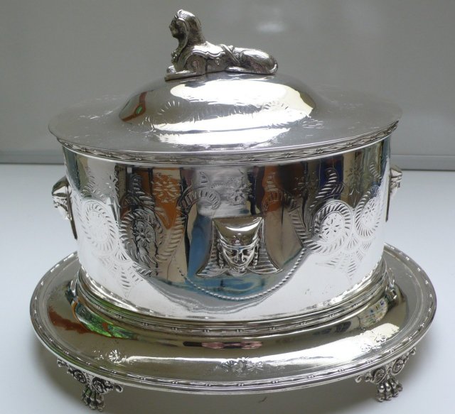 Victorian Silver Plate Oval Egyptian Design Biscuit Box