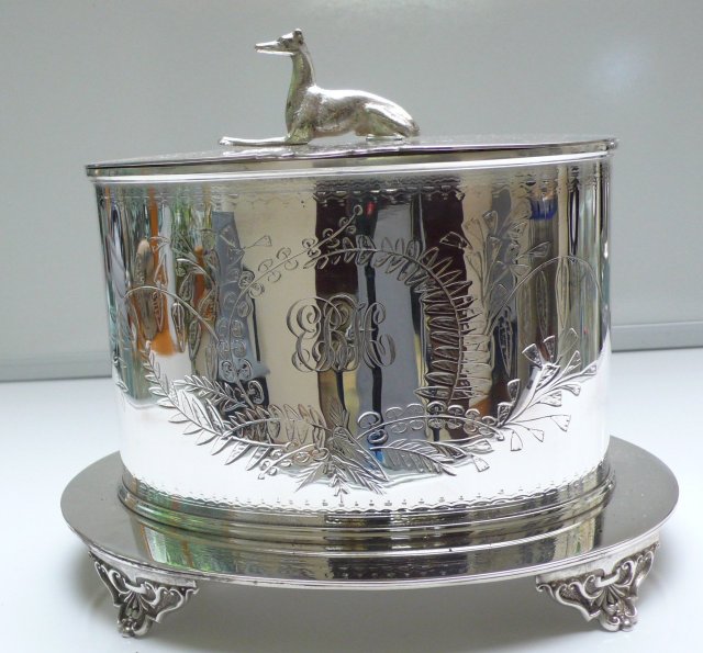 Victorian Silver Plate Oval Biscuit Box with Whippet Handle