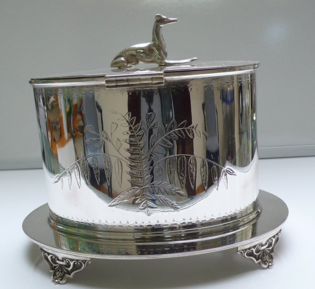 Victorian Silver Plate Oval Biscuit Box with Whippet Handle