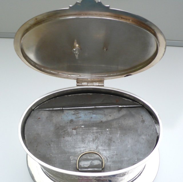 Victorian Silver Plate Oval Biscuit Box with Whippet Handle