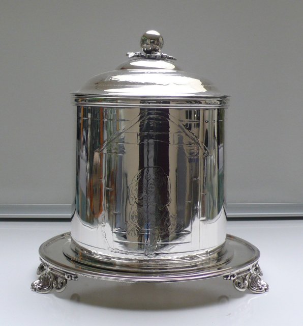 Victorian Silver Plate Round Biscuit Box with Dog Etching