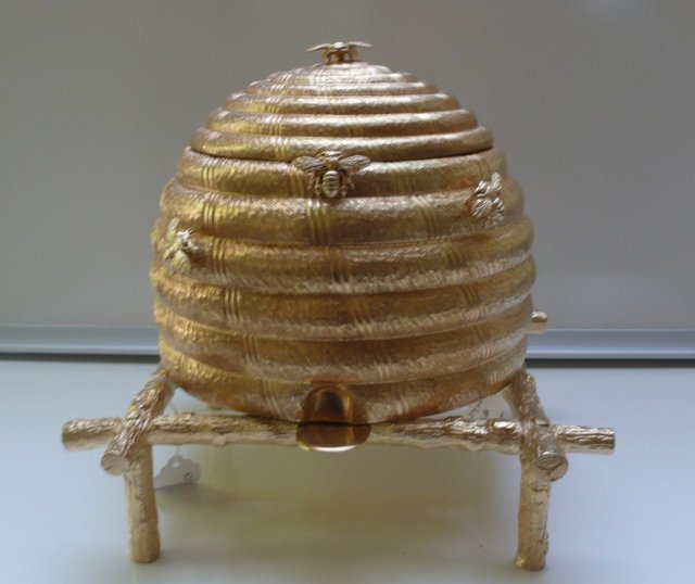 Victorian Gilded Silver Plate Beehive Biscuit Box/Liner