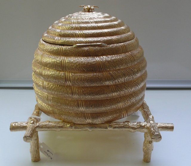 Victorian Gilded Silver Plate Beehive Biscuit Box/Liner
