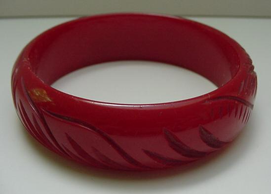 Bakelite Deep Red Carved Leaf Bracelet