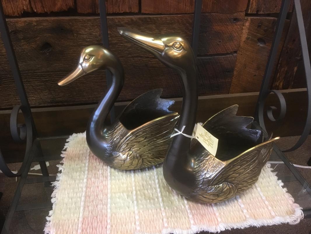 Vintage Pair of Heavy BRASS Swan Planters