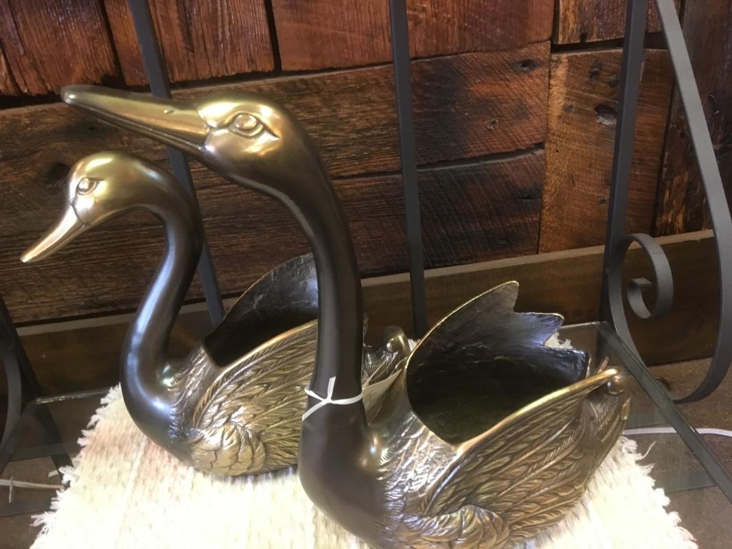 Vintage Pair of Heavy BRASS Swan Planters