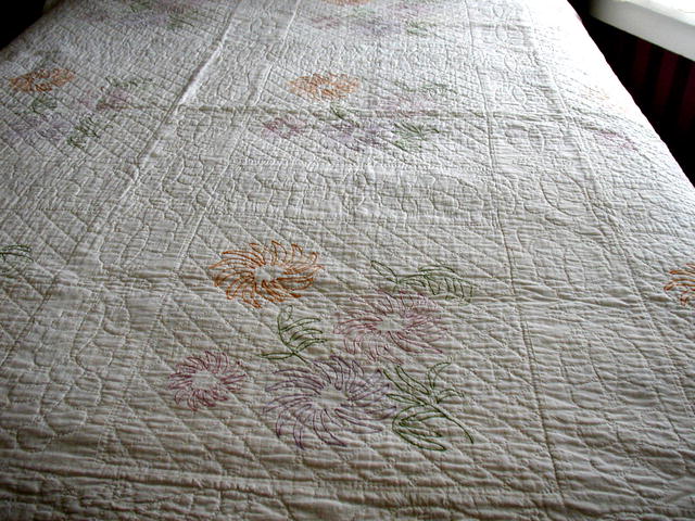 Vintage Quilt White Quilting with Embroidered Flowers