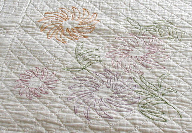 Vintage Quilt White Quilting with Embroidered Flowers