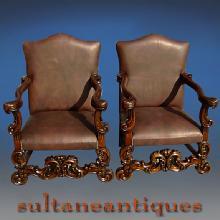 Pair Throne Bergeres solid mahogany full grain Leather