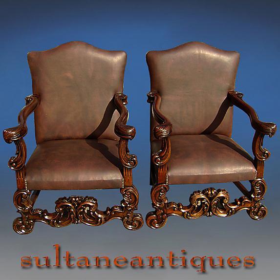 Pair Throne Bergeres solid mahogany full grain Leather