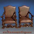 Pair Throne Bergeres solid mahogany full grain Leather