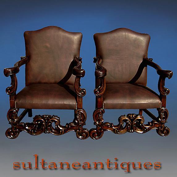 Pair Throne Bergeres solid mahogany full grain Leather