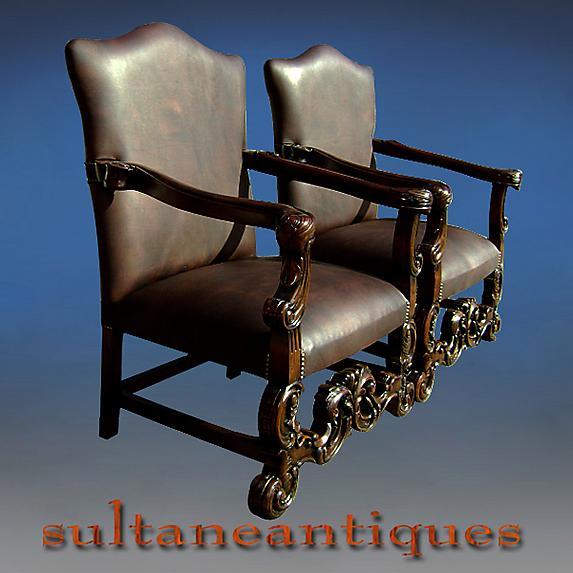 Pair Throne Bergeres solid mahogany full grain Leather