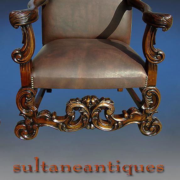 Pair Throne Bergeres solid mahogany full grain Leather