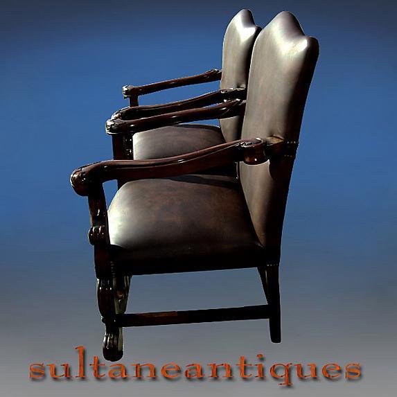 Pair Throne Bergeres solid mahogany full grain Leather