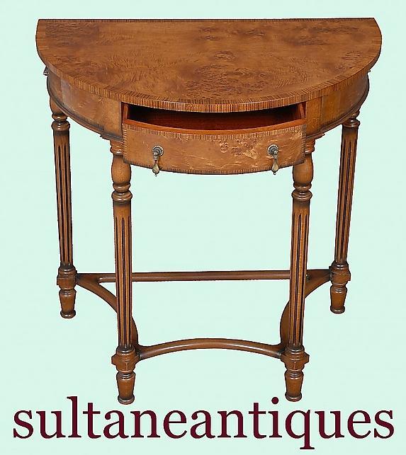 QUALITY English Regency Demi Lune burl walnut console