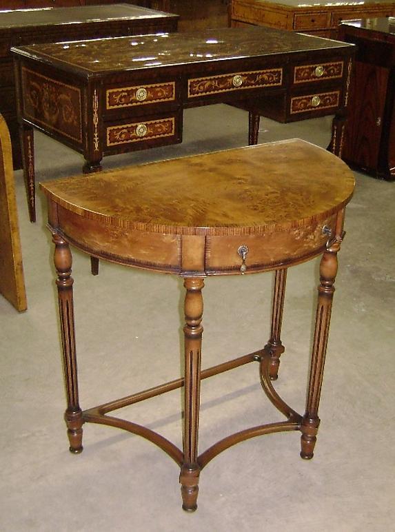 QUALITY English Regency Demi Lune burl walnut console