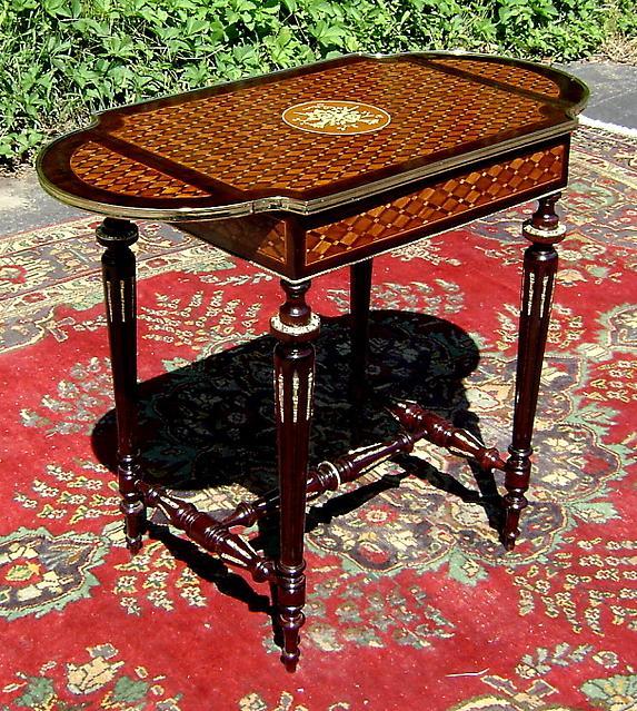 Pair Louis XVI Marquetry ornate sofa table