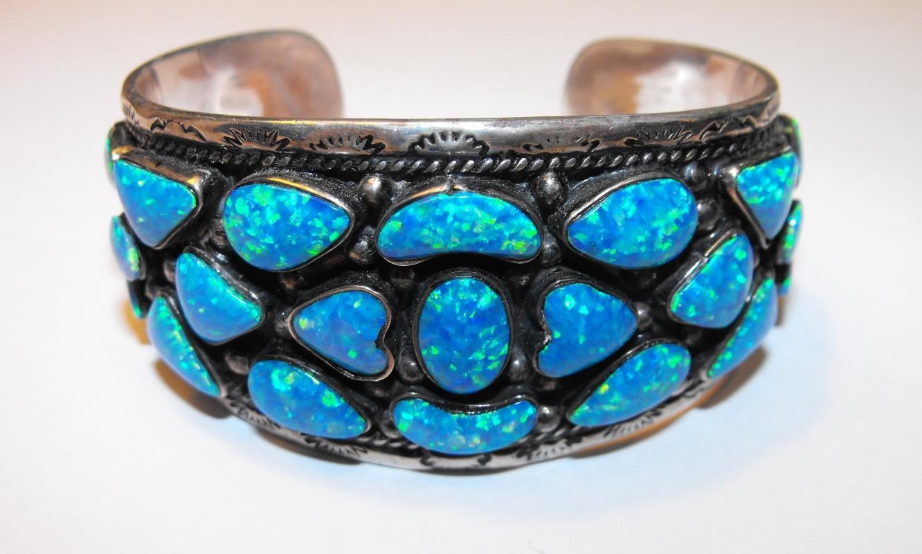 Vintage Large Sterling & Black Opal Cuff Bracelet