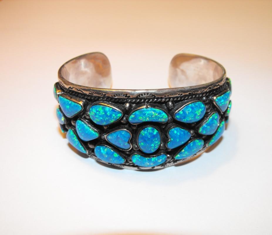 Vintage Large Sterling & Black Opal Cuff Bracelet