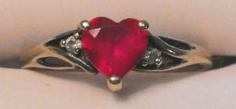 10k solid yellow gold ladies Heart cut Ruby and Diamond ring