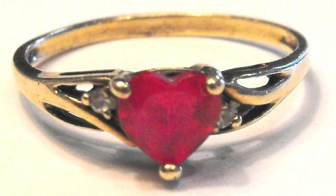 10k solid yellow gold ladies Heart cut Ruby and Diamond ring