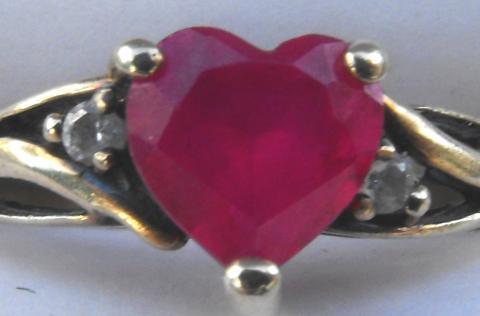 10k solid yellow gold ladies Heart cut Ruby and Diamond ring