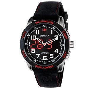 Wenger Men's Nomad Analog Digital Compass Black/Red Dial Black/Red Strap