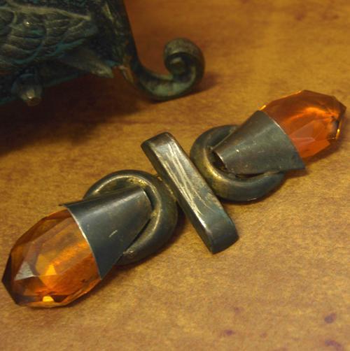 Antique Art Deco Amber Cut Crystal Prism Sterling Silver Geometric Pin Brooch