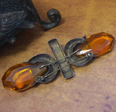 Antique Art Deco Amber Cut Crystal Prism Sterling Silver Geometric Pin Brooch