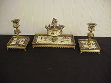 3pc Antique Cloisonne Enameled Cast Bronze Ink Well & pr Candlesticks Desk Set