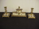 3pc Antique Cloisonne Enameled Cast Bronze Ink Well & pr Candlesticks Desk Set