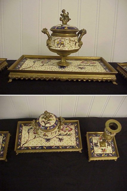 3pc Antique Cloisonne Enameled Cast Bronze Ink Well & pr Candlesticks Desk Set