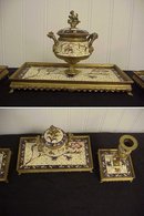 3pc Antique Cloisonne Enameled Cast Bronze Ink Well & pr Candlesticks Desk Set
