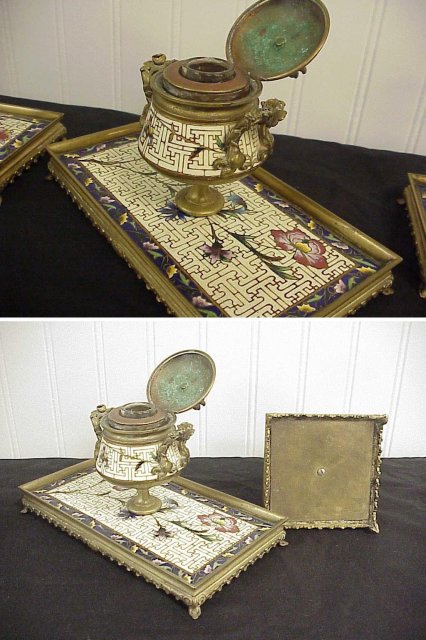 3pc Antique Cloisonne Enameled Cast Bronze Ink Well & pr Candlesticks Desk Set