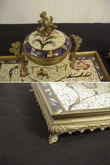 3pc Antique Cloisonne Enameled Cast Bronze Ink Well & pr Candlesticks Desk Set